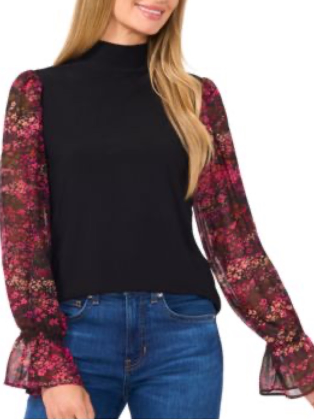 Cece Mock Neck Black Top with Pink Floral Sheer Sleeves Elegant Medium
